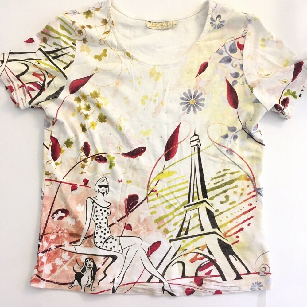 Impulse California Womens M Medium Eiffel Tower Designer Print Studded Shirt Top